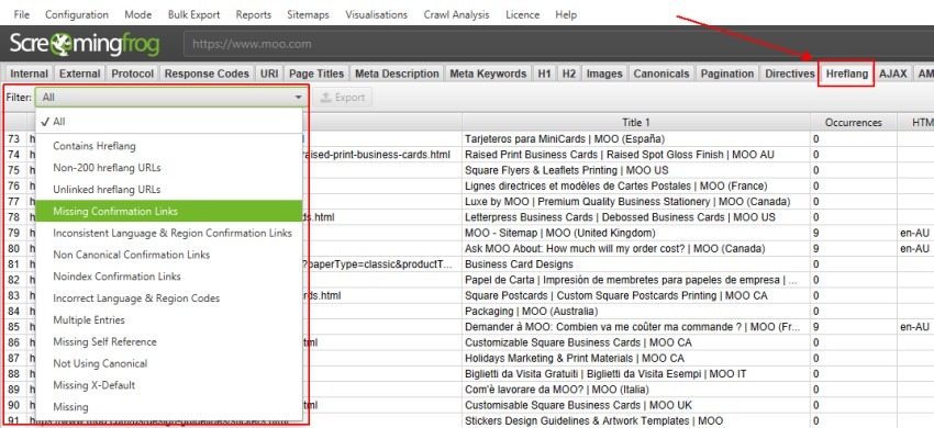 [Screenshot description: Screaming Frog Hreflang tab with filter set to &ldquo;Missing X-Default&rdquo; showing a list of affected URLs.]