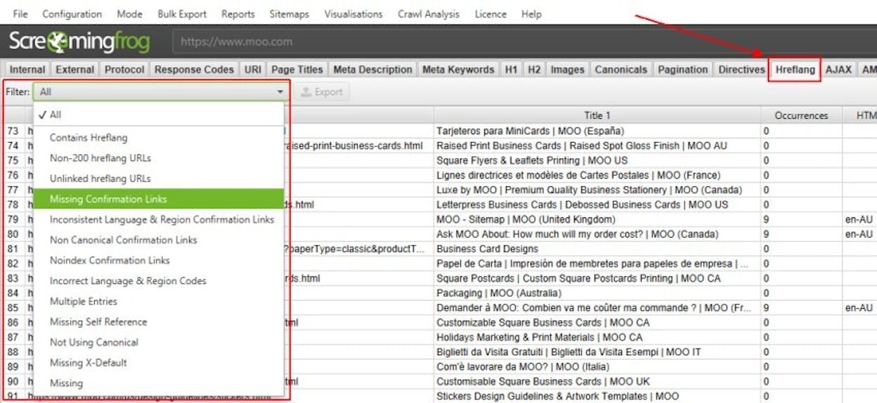 [Screenshot description: Screaming Frog Hreflang tab with filter set to &ldquo;Missing X-Default&rdquo; showing a list of affected URLs.]