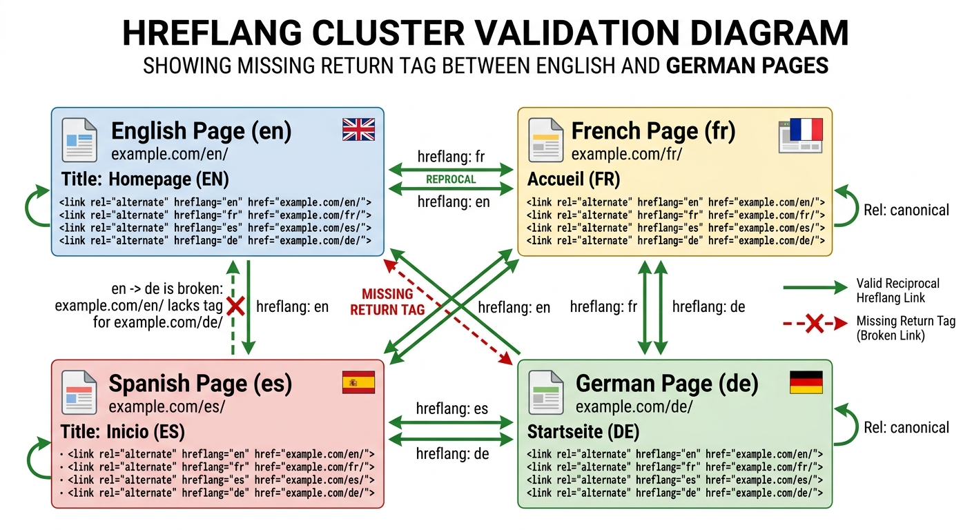 [Screenshot description: Diagram showing a four-page hreflang cluster (en, fr, es, de) with arrows indicating reciprocal pairs. One arrow is broken with a red X, illustrating a missing return tag.]