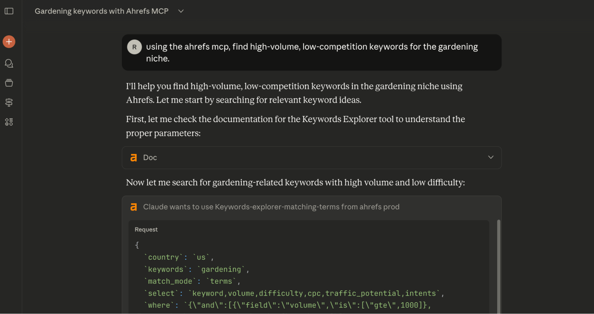 [Screenshot: ChatGPT with the Ahrefs MCP connected, showing a prompt about ranking opportunities and a structured response with keyword data]