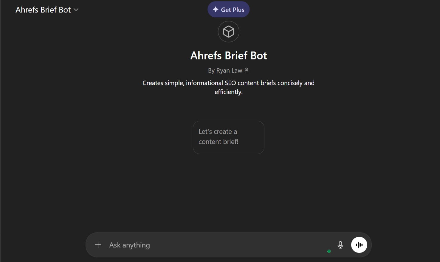 [Screenshot: Ryan Law&rsquo;s Brief Bot in ChatGPT asking the user for the target keyword, working title, and article goal]