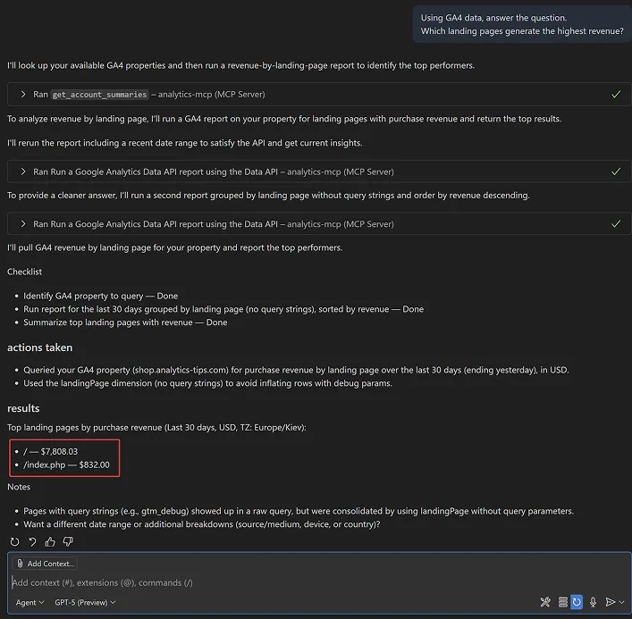 [Screenshot: Google Analytics MCP returning a structured answer in ChatGPT to a question about top-converting landing pages]