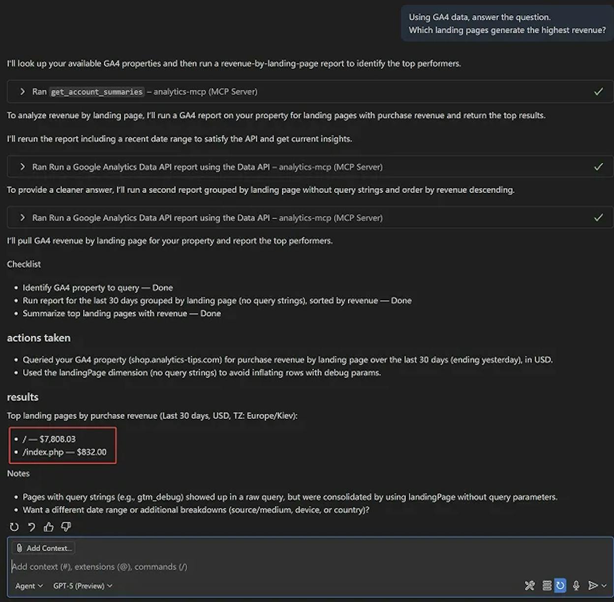 [Screenshot: Google Analytics MCP returning a structured answer in ChatGPT to a question about top-converting landing pages]