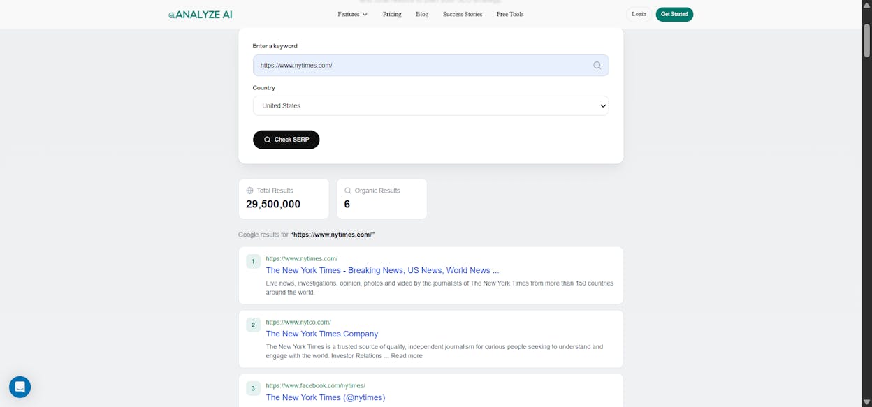[Screenshot: SERP Checker showing the top 10 results for a sample target keyword, with titles and URLs visible]