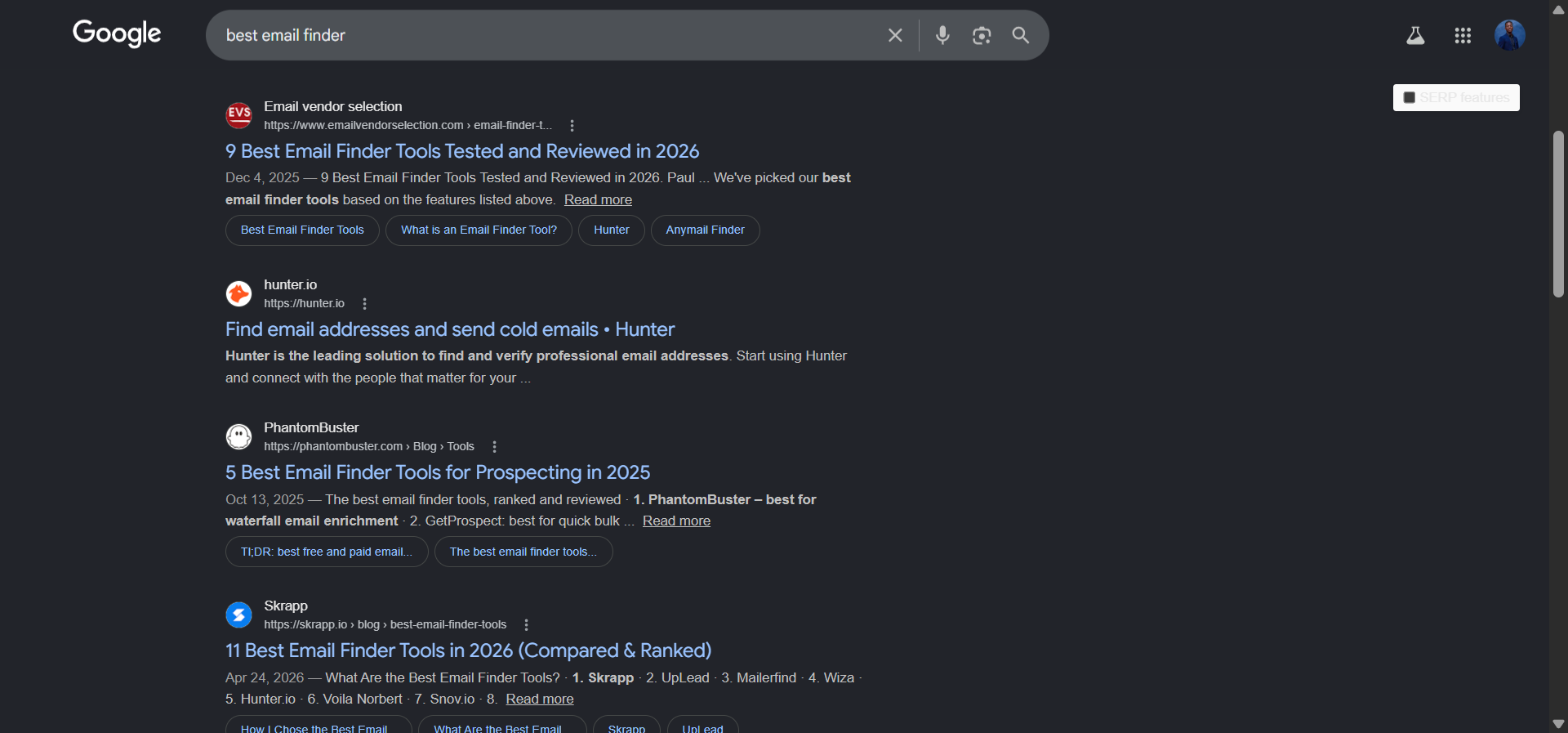 [Screenshot: Google SERP for &ldquo;best email finder&rdquo; showing typical listicle pages]