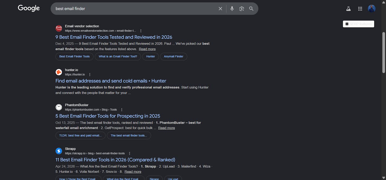 [Screenshot: Google SERP for &ldquo;best email finder&rdquo; showing typical listicle pages]