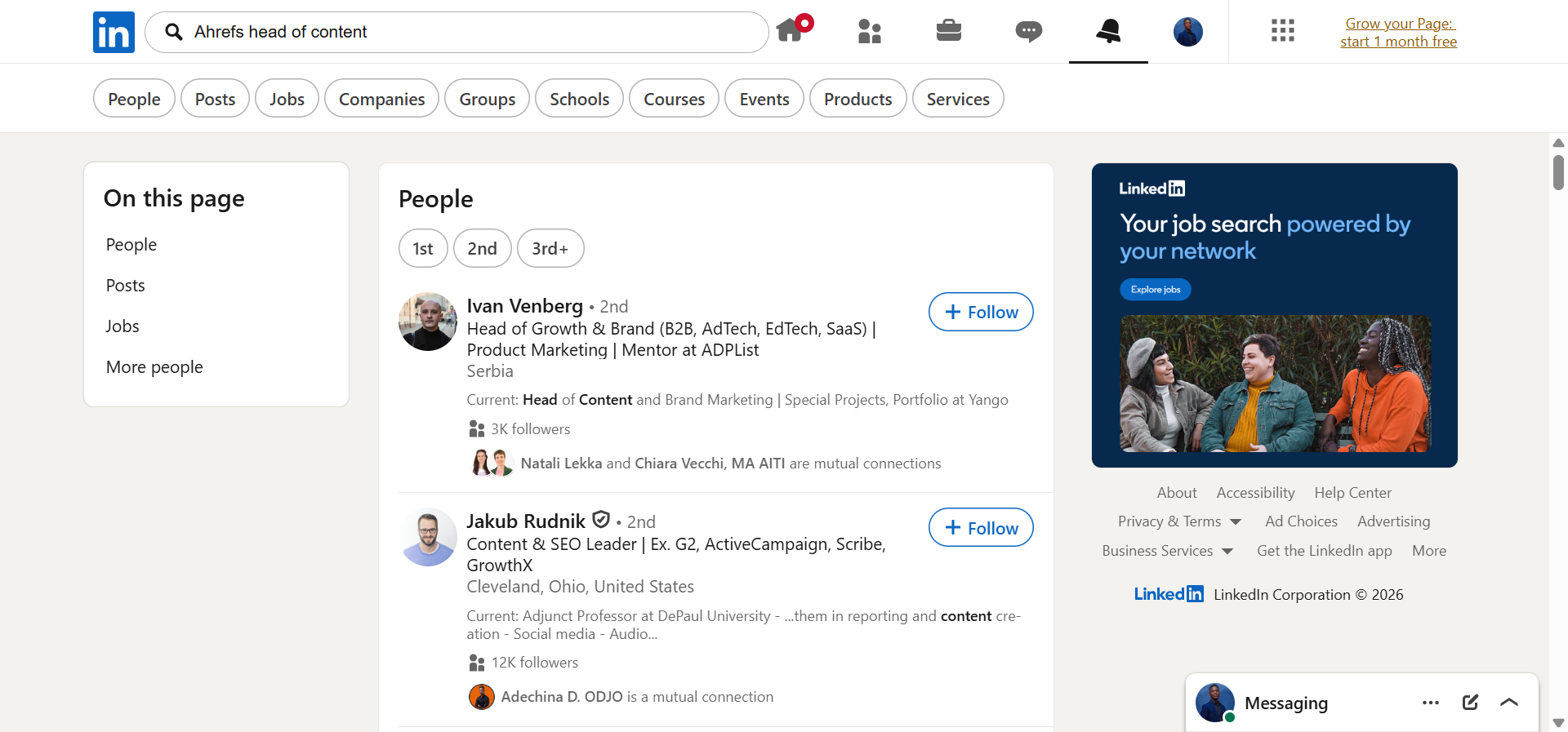 [Screenshot: LinkedIn search for &ldquo;Ahrefs head of content&rdquo;]