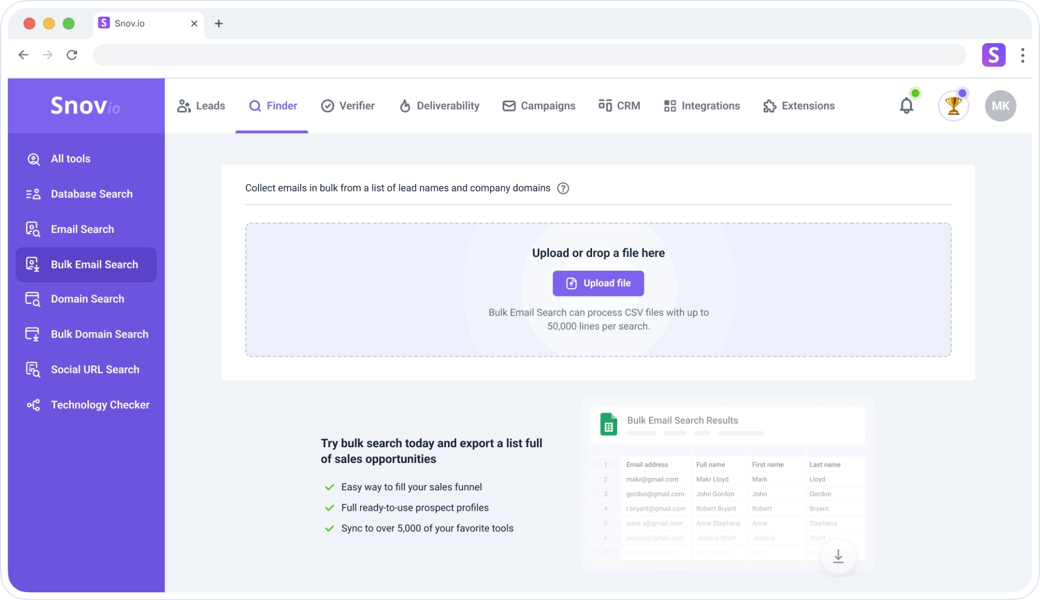 [Screenshot: Bulk email finder tool with name and domain columns producing verified emails]