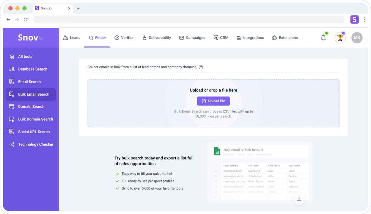 [Screenshot: Bulk email finder tool with name and domain columns producing verified emails]