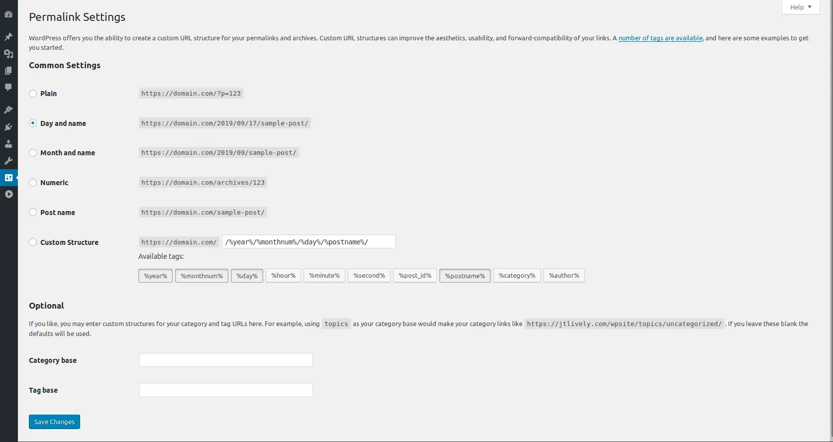 [Screenshot: WordPress permalink settings page with the /postname/ (Post name) option selected]