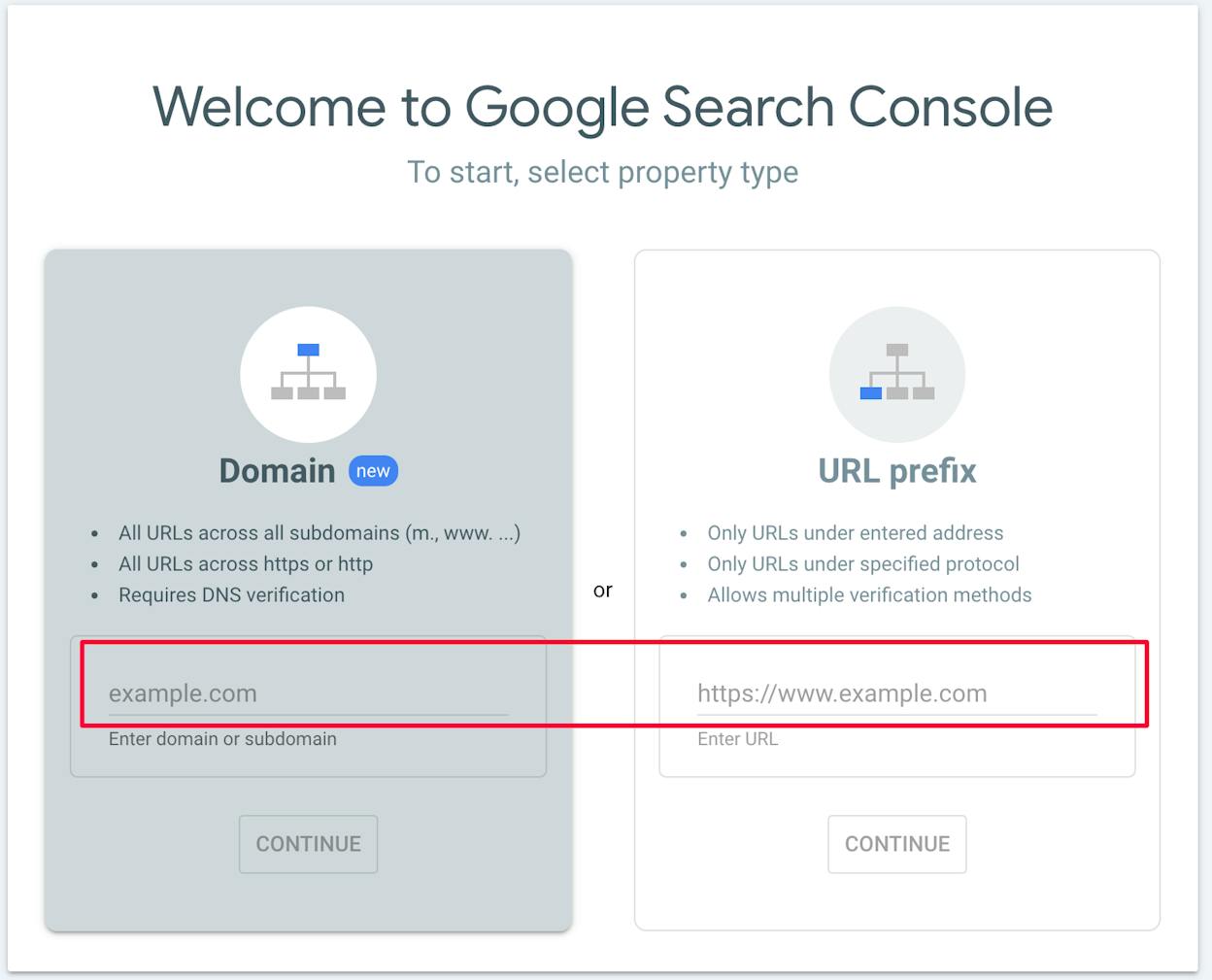 [Screenshot: GSC welcome / property selection screen showing the option to monitor an entire domain or a specific URL prefix]