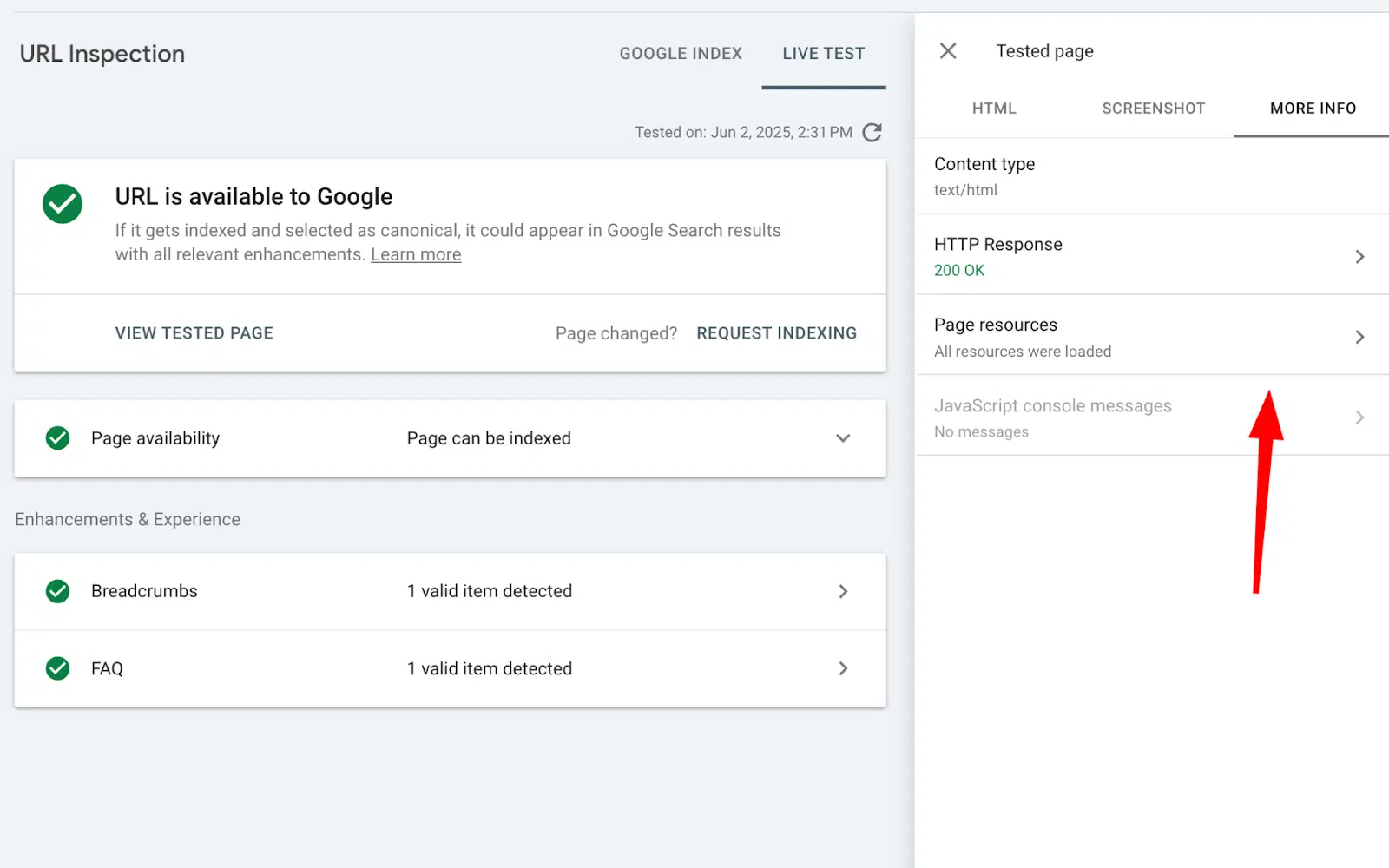 [Screenshot: GSC URL Inspection tool showing a page&rsquo;s index status, last crawl date, canonical URL, and &ldquo;Test live URL&rdquo; button]