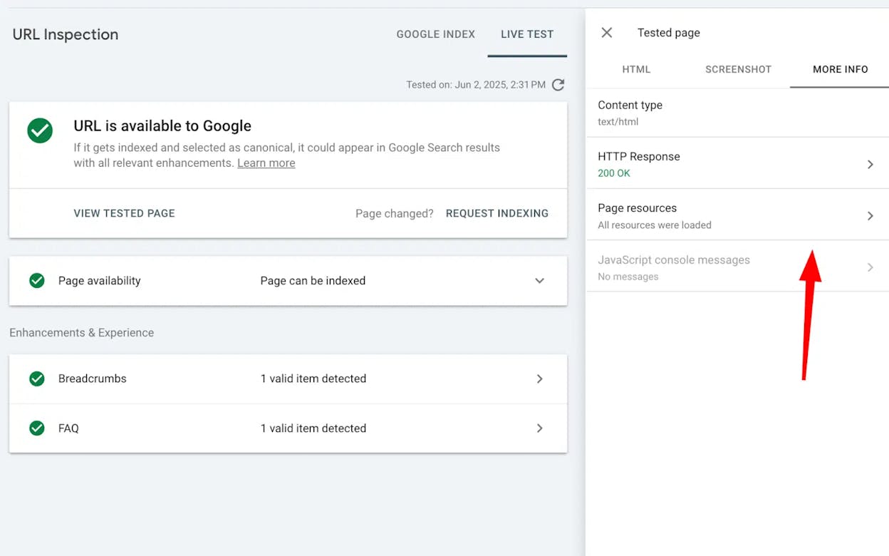 [Screenshot: GSC URL Inspection tool showing a page&rsquo;s index status, last crawl date, canonical URL, and &ldquo;Test live URL&rdquo; button]