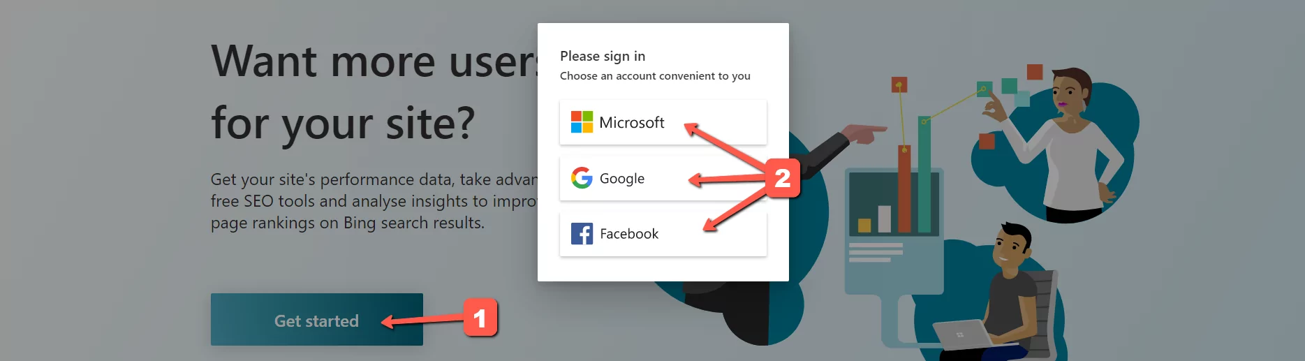 [Screenshot: BWT homepage showing &ldquo;Sign in&rdquo; with Microsoft, Google, or Facebook options]
