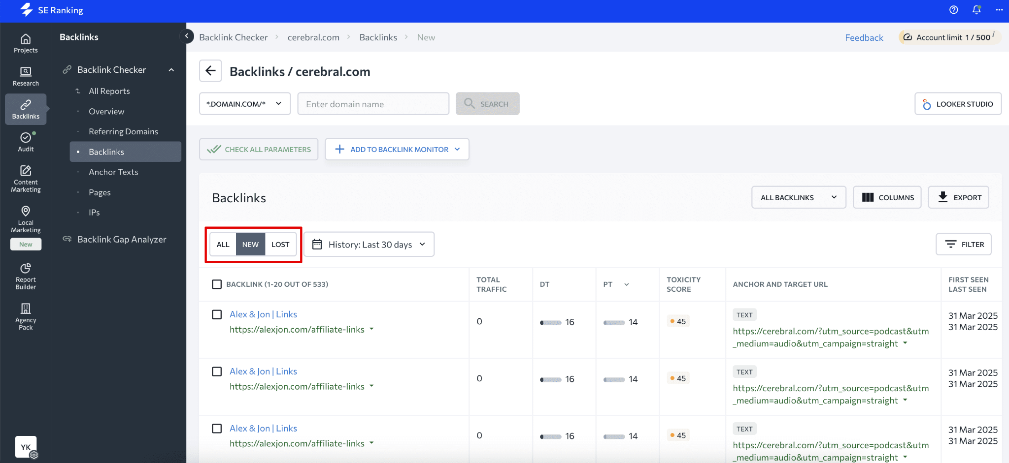 [Screenshot: BWT Backlinks report with referring domains, anchor text breakdown, and top linked pages]