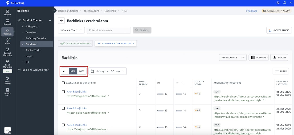 [Screenshot: BWT Backlinks report with referring domains, anchor text breakdown, and top linked pages]