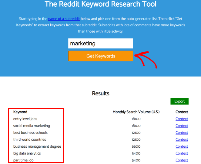 [Screenshot: BWT Keyword Research tool showing search volume, related keywords, and trending keyword suggestions]