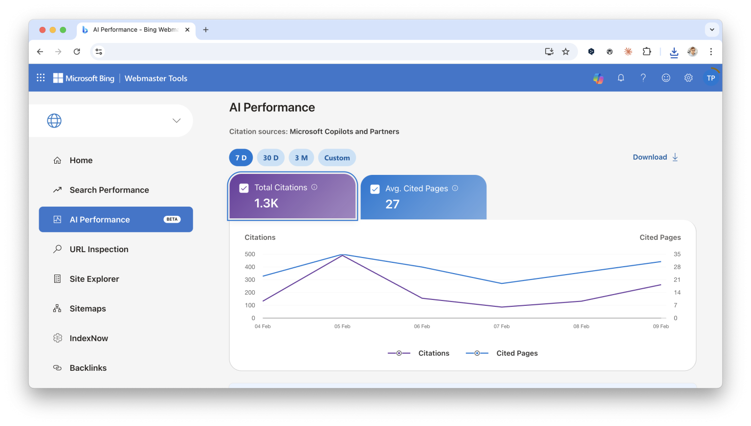 [Screenshot: BWT AI Performance report showing visibility in Bing AI answers and Copilot citations]