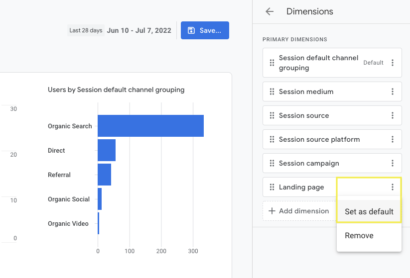 [Screenshot: GA4 Acquisition report filtered to AI sources showing landing pages and session counts]