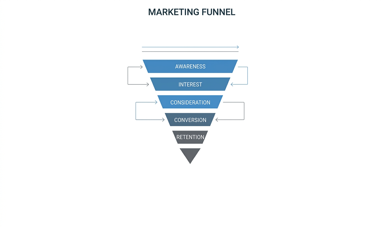 [Screenshot: A simple marketing funnel diagram with the stages Awareness, Interest, Consideration, Conversion, and Retention stacked vertically.]