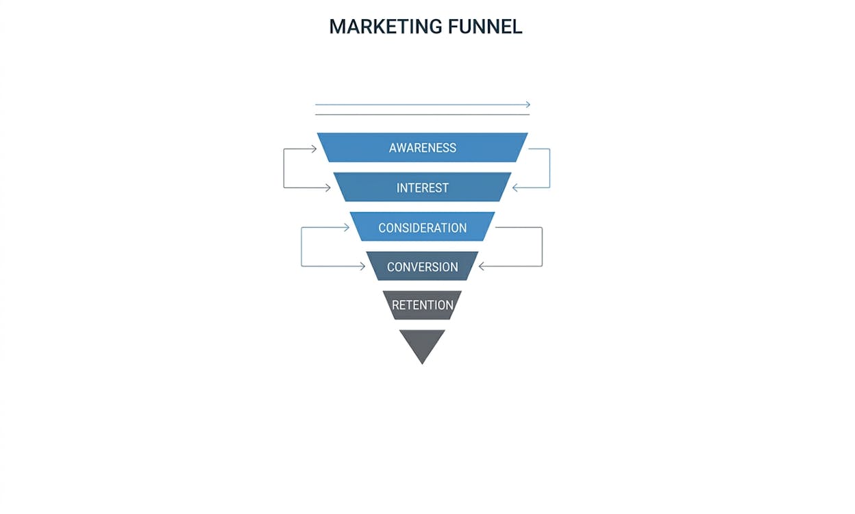 [Screenshot: A simple marketing funnel diagram with the stages Awareness, Interest, Consideration, Conversion, and Retention stacked vertically.]