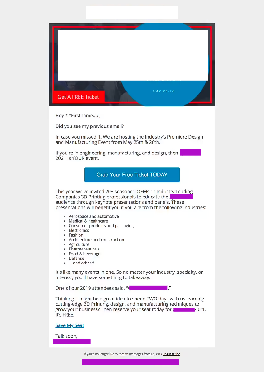 [Screenshot: example plain-text event announcement email with subject line &ldquo;30 days of $10K training, free&rdquo; and clear CTA above the fold]