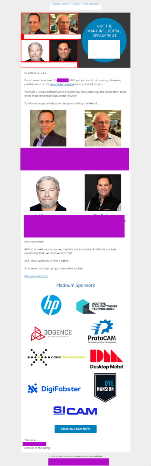 [Screenshot: speaker promo card with the speaker&rsquo;s photo, session title, event date, and unique discount code &ldquo;ALEYDA15&rdquo;]