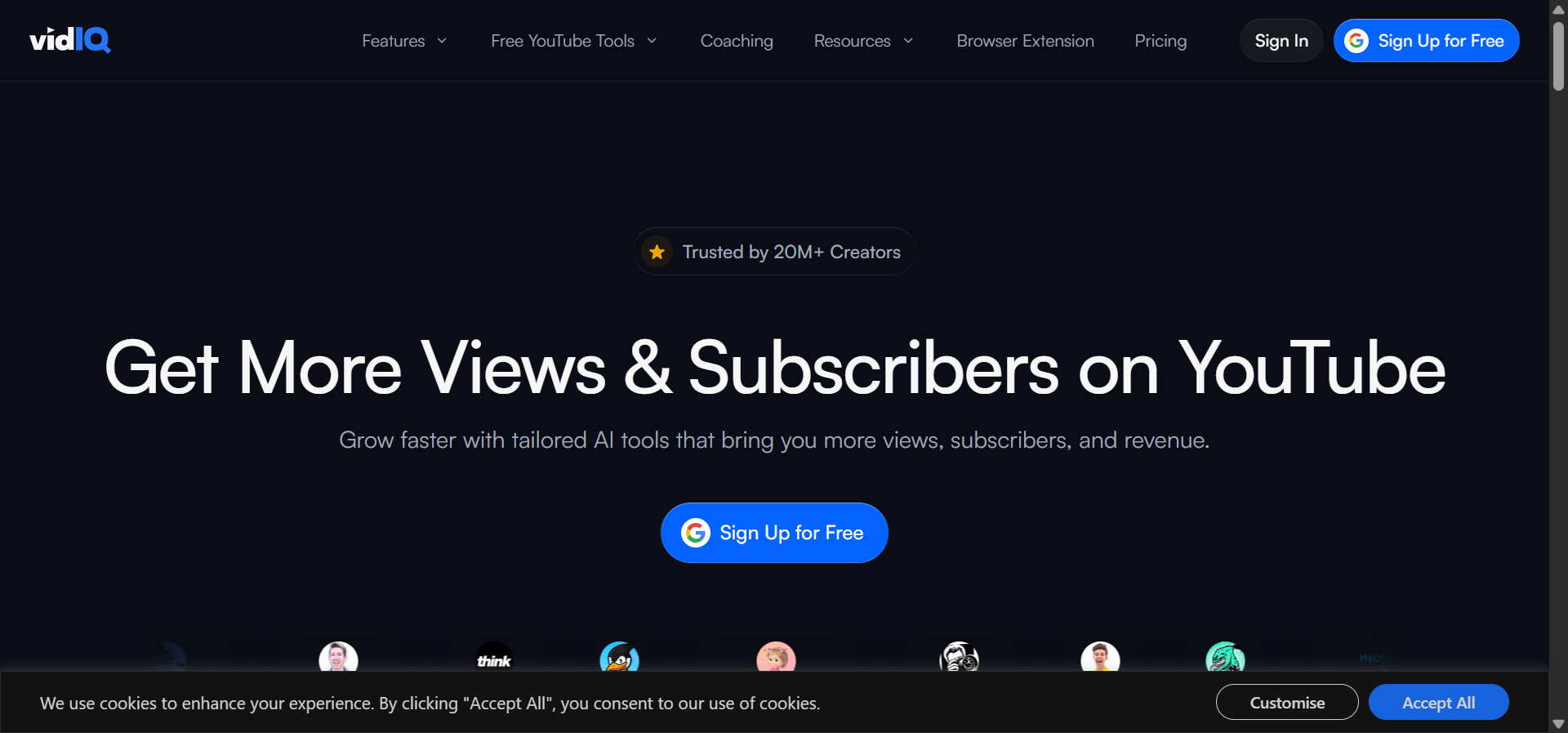 [Screenshot: vidIQ homepage showing the Chrome extension and dashboard]