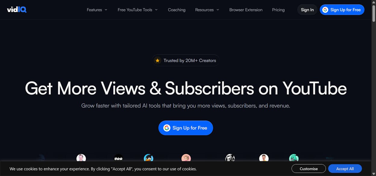 [Screenshot: vidIQ homepage showing the Chrome extension and dashboard]