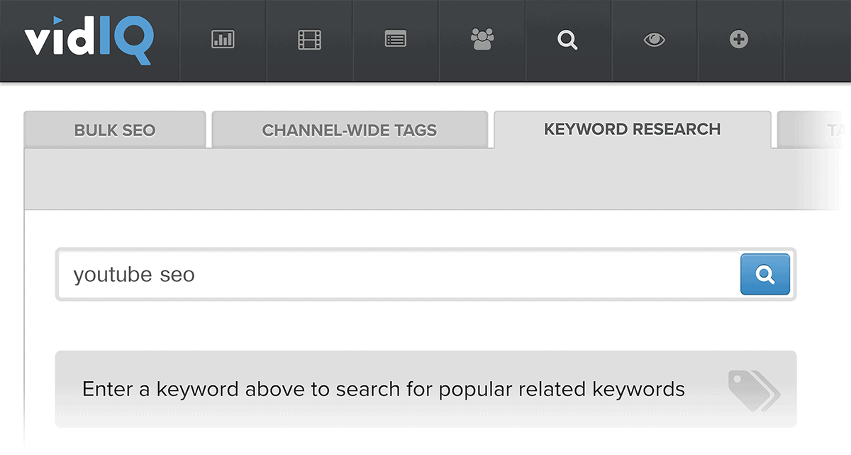 [Screenshot: vidIQ search overlay on a YouTube search results page]