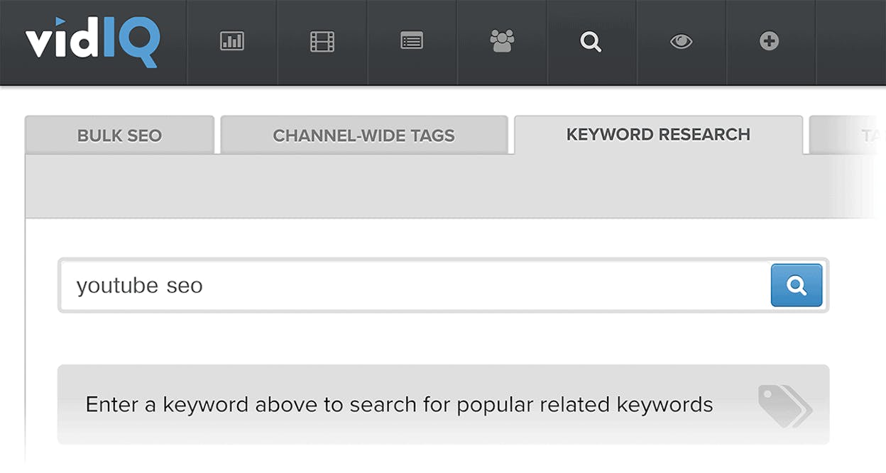 [Screenshot: vidIQ search overlay on a YouTube search results page]