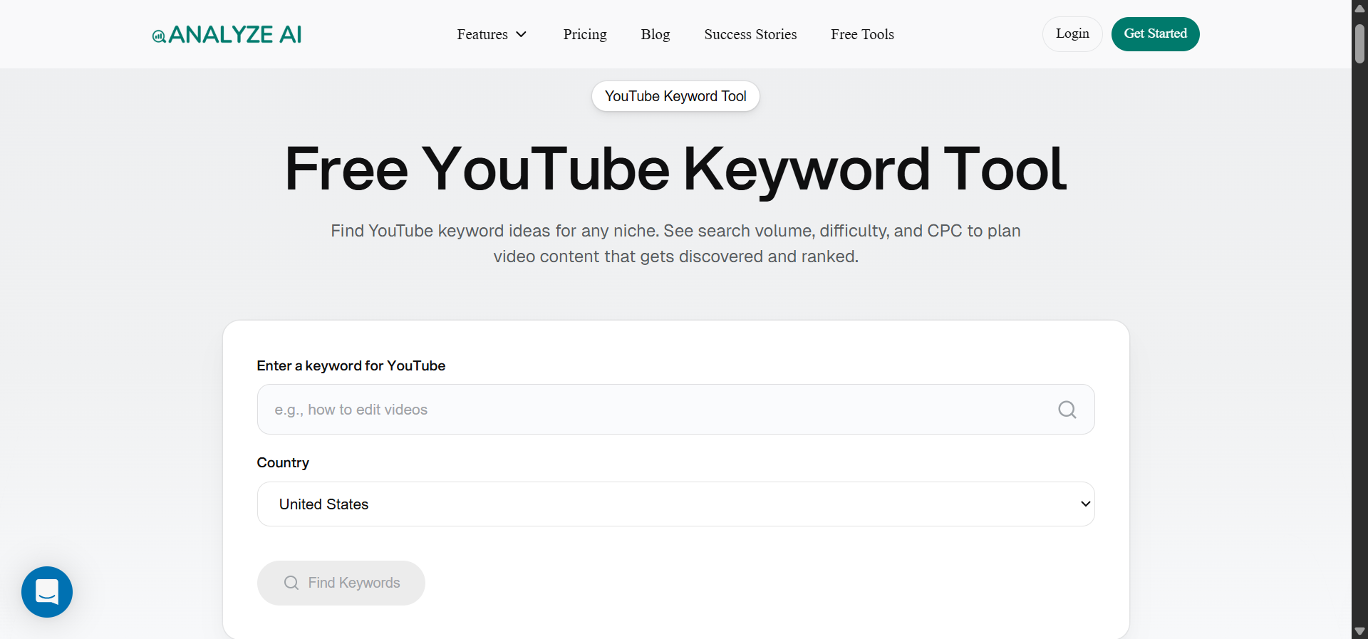 [Screenshot: Analyze AI YouTube Keyword Tool interface with seed term input and results table]