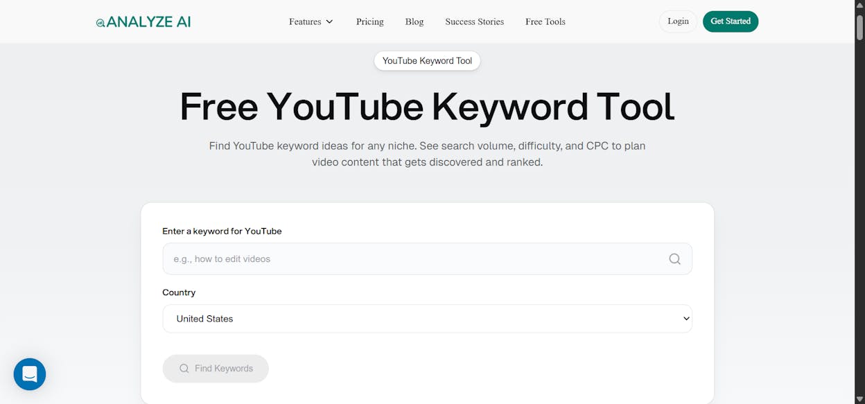 [Screenshot: Analyze AI YouTube Keyword Tool interface with seed term input and results table]