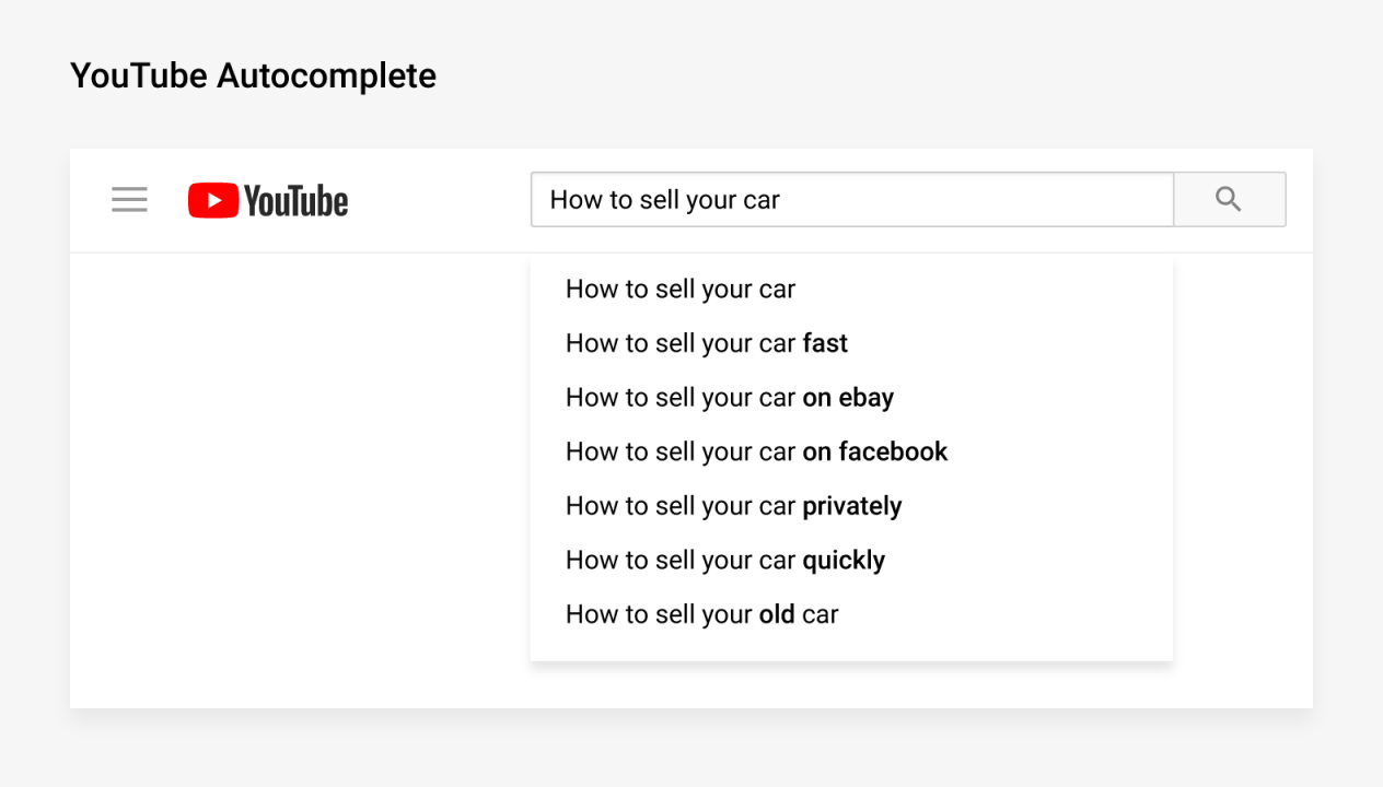 [Screenshot: YouTube search bar showing autosuggest dropdown for a seed term like &ldquo;vegetarian&rdquo;]