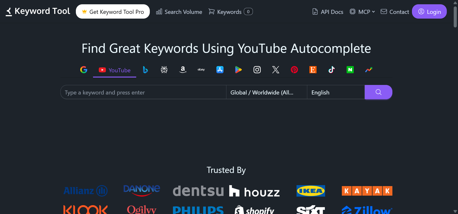 [Screenshot: KeywordTool.io YouTube interface with results tabs for Keyword Suggestions, Questions, Prepositions, and Hashtags]