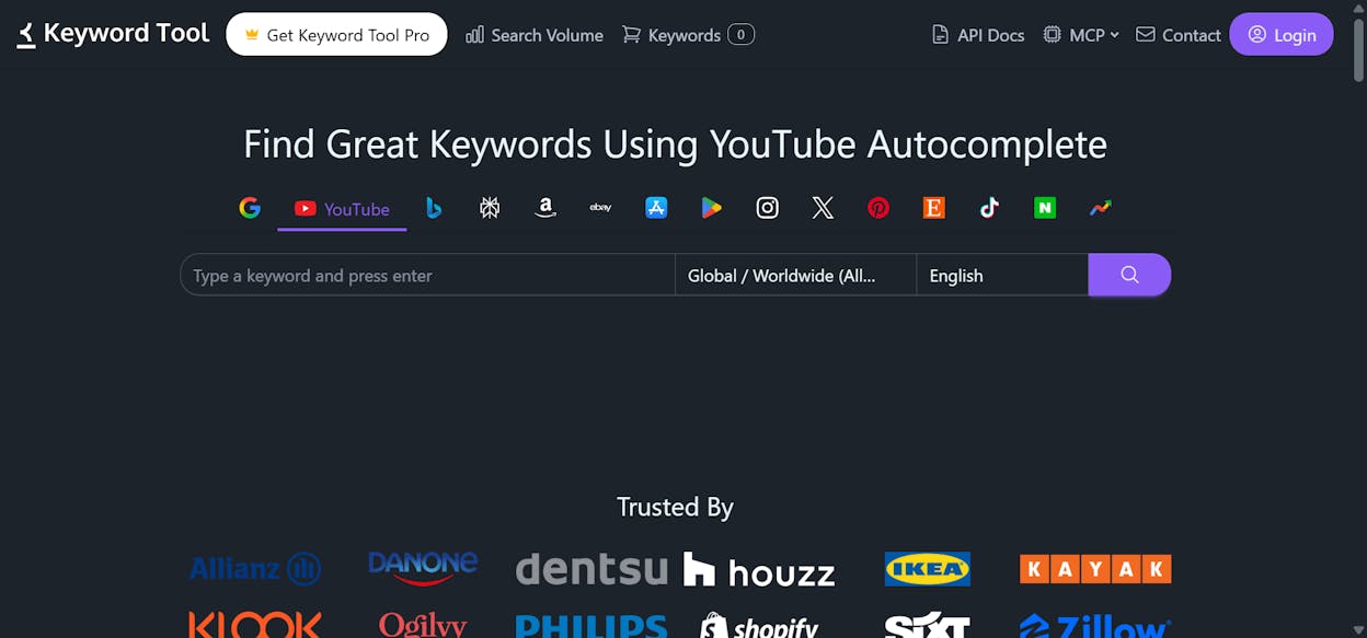 [Screenshot: KeywordTool.io YouTube interface with results tabs for Keyword Suggestions, Questions, Prepositions, and Hashtags]