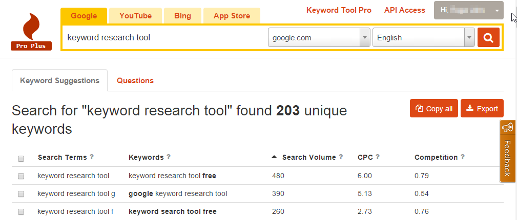[Screenshot: KeywordTool.io Questions tab showing dozens of question-format keywords for a single seed term]
