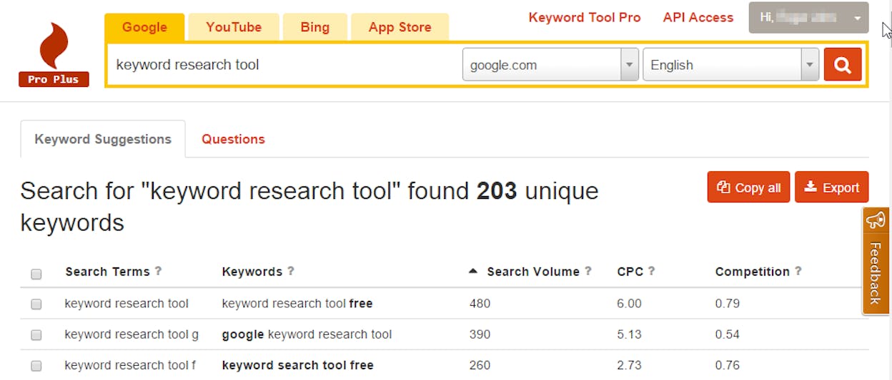 [Screenshot: KeywordTool.io Questions tab showing dozens of question-format keywords for a single seed term]