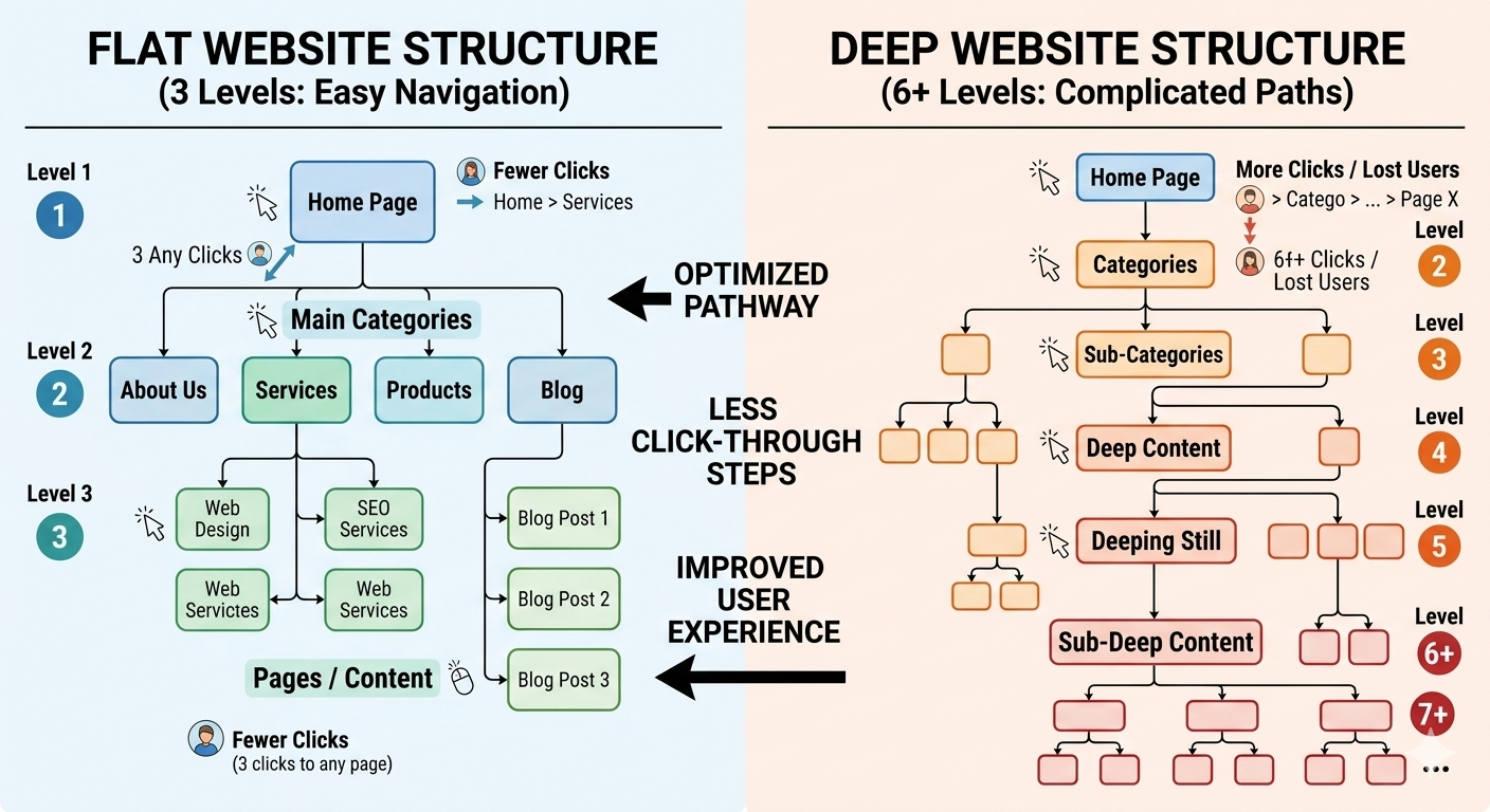 [Screenshot: side-by-side diagram comparing flat website structure (3 levels) vs deep website structure (6+ levels), with arrows showing fewer clicks in the flat version]