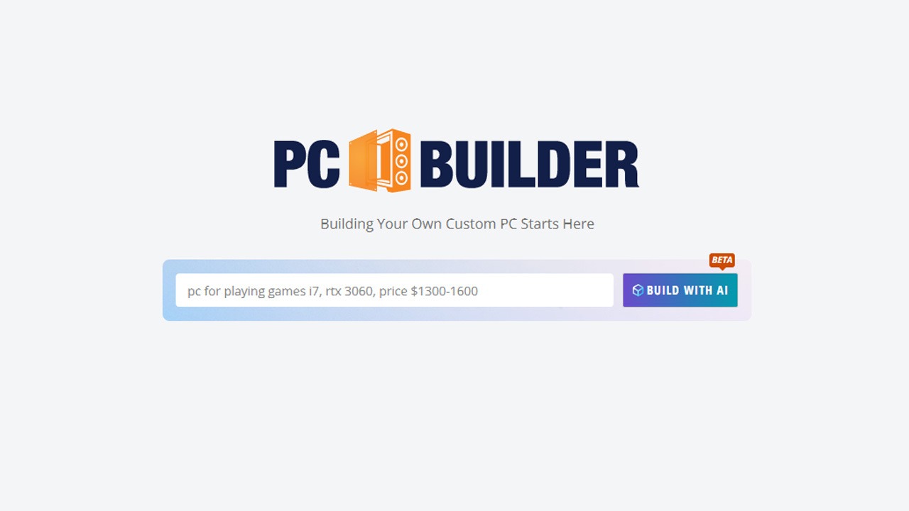 [Screenshot: Newegg&rsquo;s PC builder tool page showing AI-powered product recommendations]