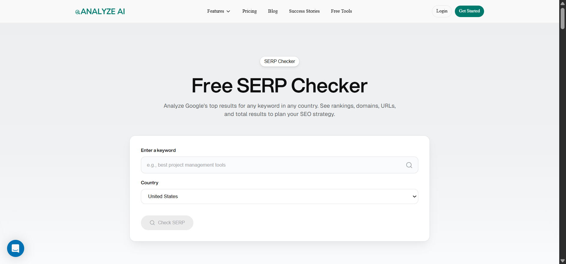 [Screenshot description: Analyze AI SERP Checker tool homepage showing the search input field, country selector dropdown, and &ldquo;Check SERP&rdquo; button]