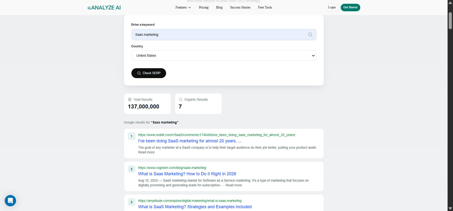[Screenshot description: SERP Checker results page showing the top 10 organic results for an example keyword, each with URL, title, and basic SEO metrics displayed]