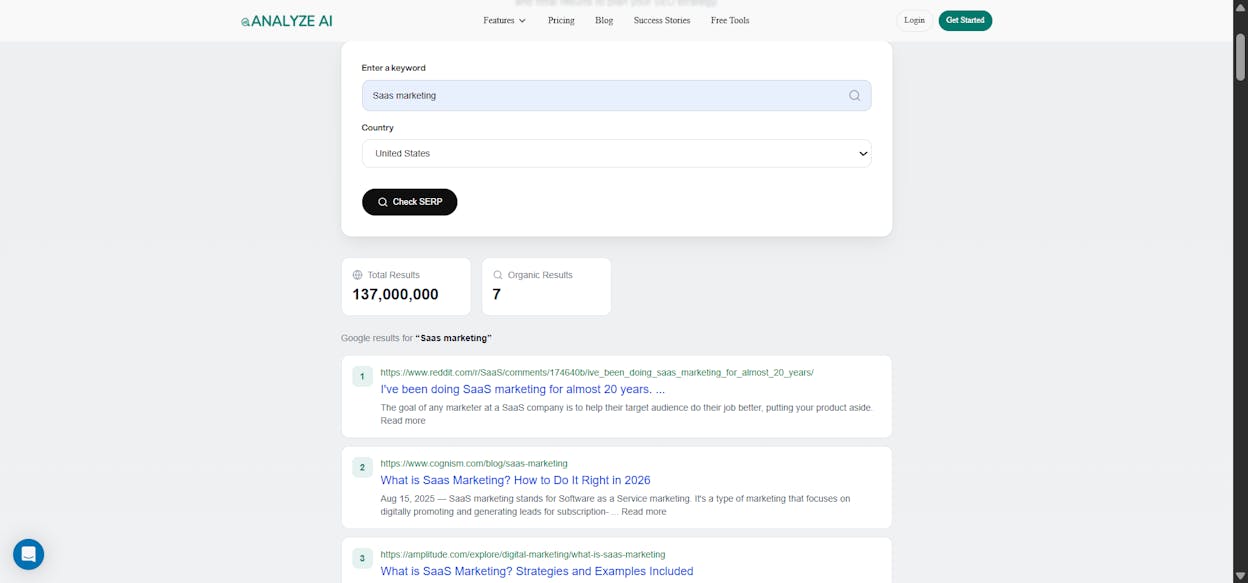 [Screenshot description: SERP Checker results page showing the top 10 organic results for an example keyword, each with URL, title, and basic SEO metrics displayed]