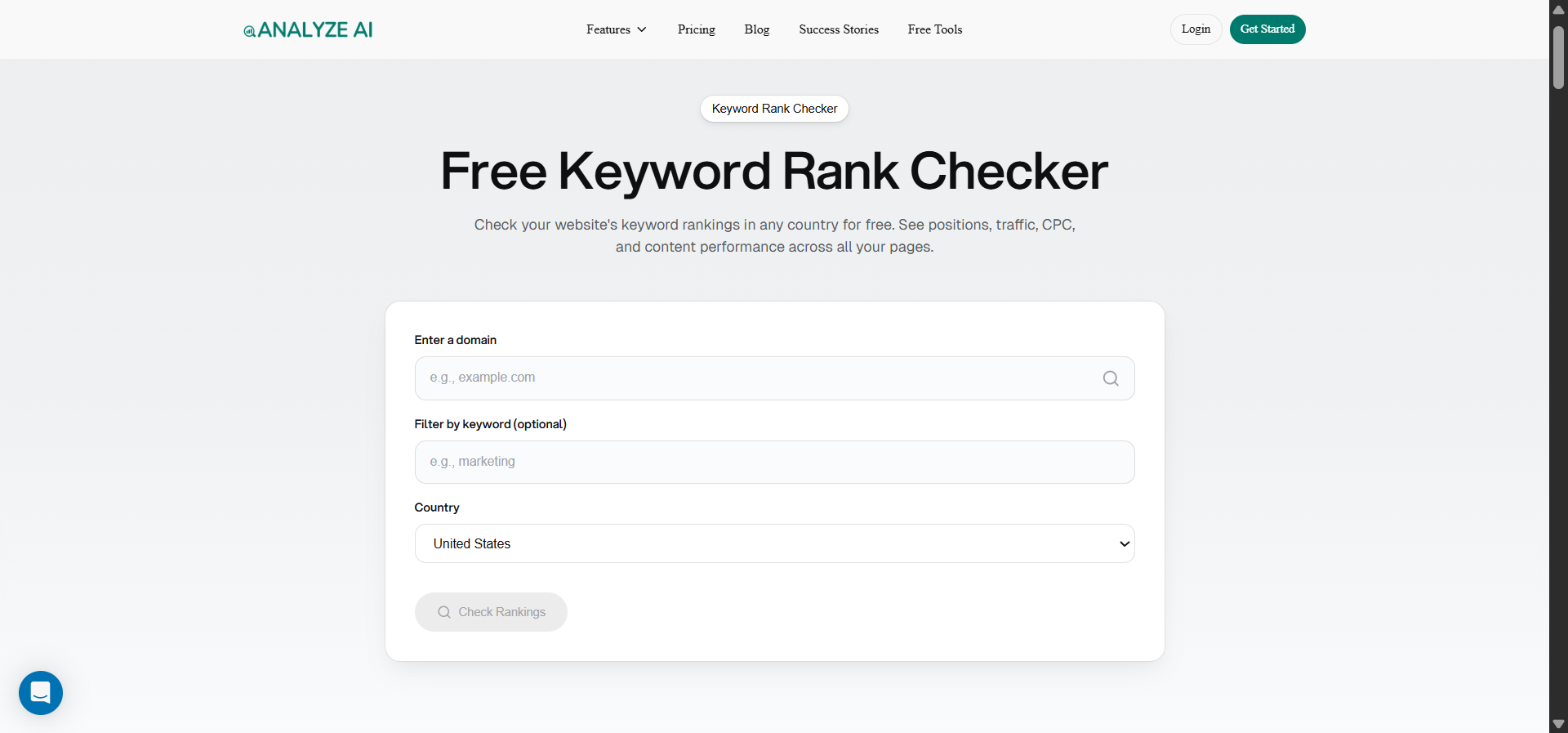 [Screenshot description: Analyze AI Keyword Rank Checker showing input fields for keyword and domain, country selector, and the resulting position number with the ranking URL]
