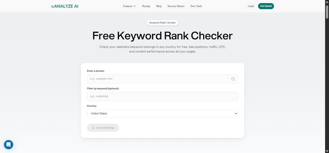 [Screenshot description: Analyze AI Keyword Rank Checker showing input fields for keyword and domain, country selector, and the resulting position number with the ranking URL]