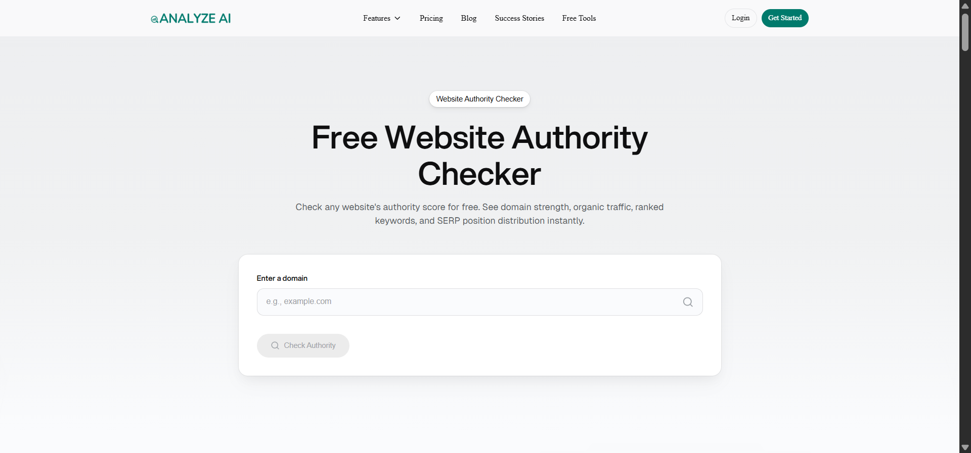[Screenshot description: Analyze AI Website Authority Checker showing input field for domain and the resulting authority score number with backlink count]