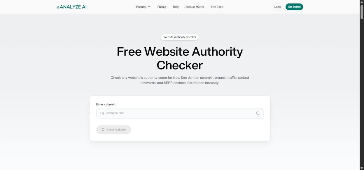[Screenshot description: Analyze AI Website Authority Checker showing input field for domain and the resulting authority score number with backlink count]