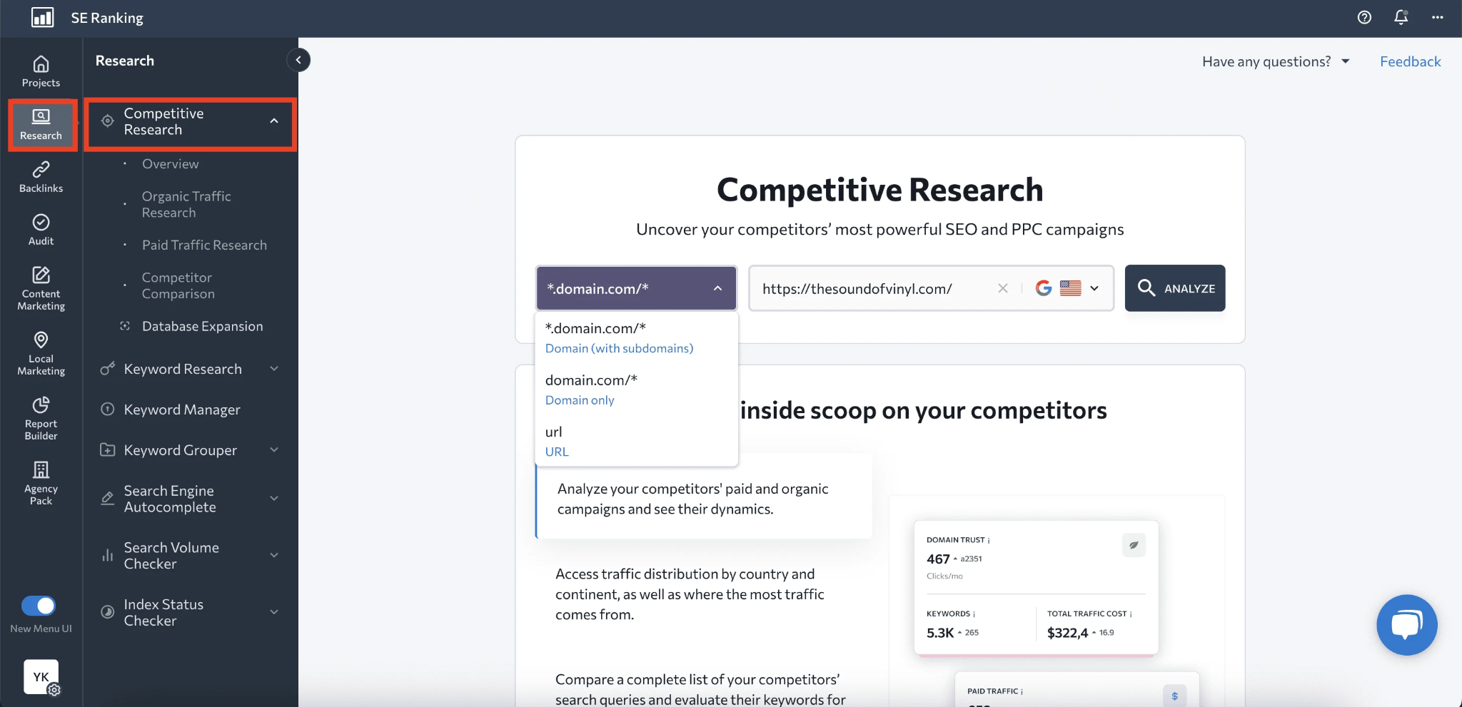 [Screenshot: An SEO tool&rsquo;s competing domains report showing websites that rank for overlapping keywords]
