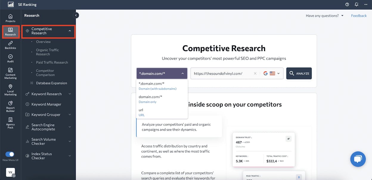 [Screenshot: An SEO tool&rsquo;s competing domains report showing websites that rank for overlapping keywords]