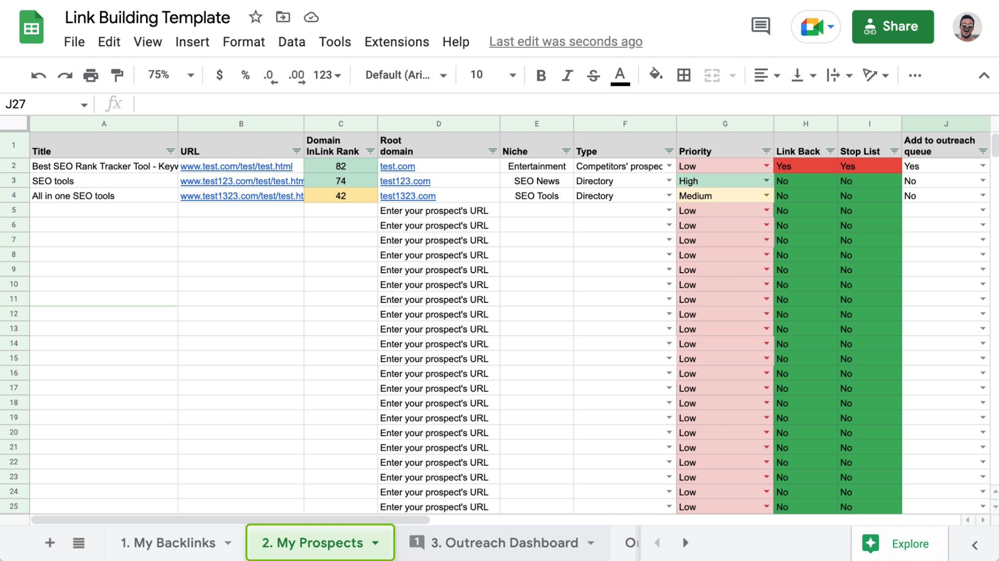 [Screenshot: A spreadsheet template for backlink gap outreach showing columns for domain, page, contact, approach, and status]